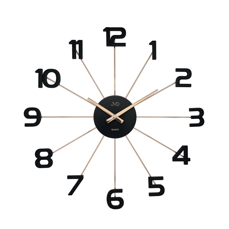 Designové černé rose gold paprskovité kovové hodiny JVD HT072.3 s číslicemi