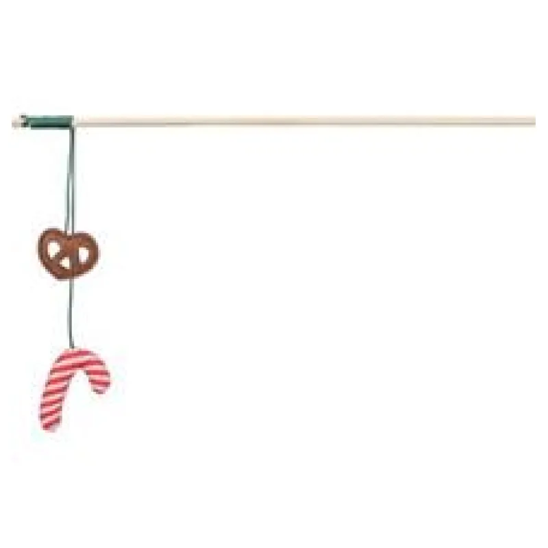 Xmas vánoční prut pro kočky, s preclíkem/lízátkem, šustící, dřevo/polyester 48 cm