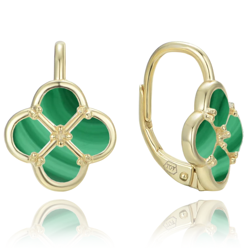 MINET Pozlacené stříbrné náušnice čtyřlístky s malachitem JMAS7058GE00