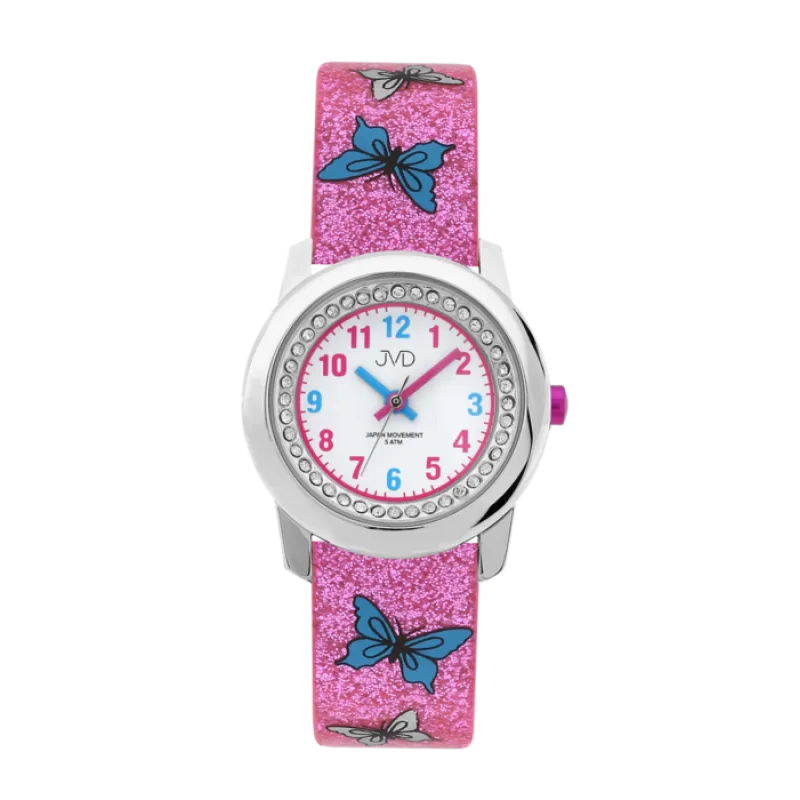 Dívčí dětské růžové barevné hodinky JVD basic J7142.5 s motivem motýlka