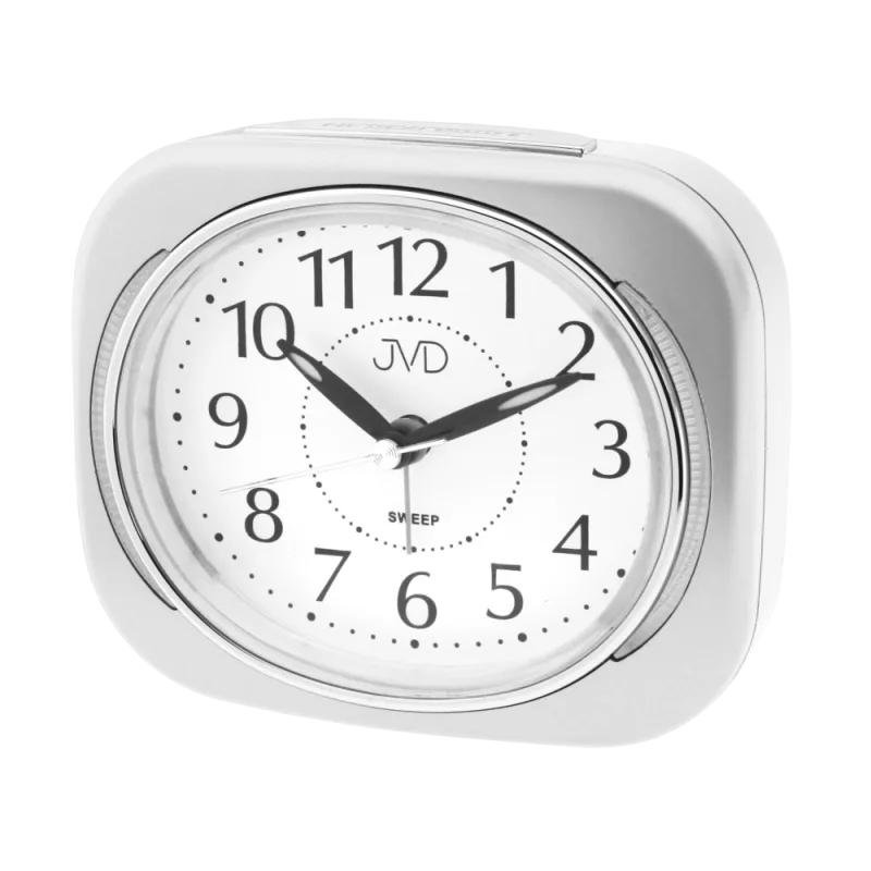 JVD Stříbrný netikající tichý hrantaý svítící ručkový budík sweep SRP826.4