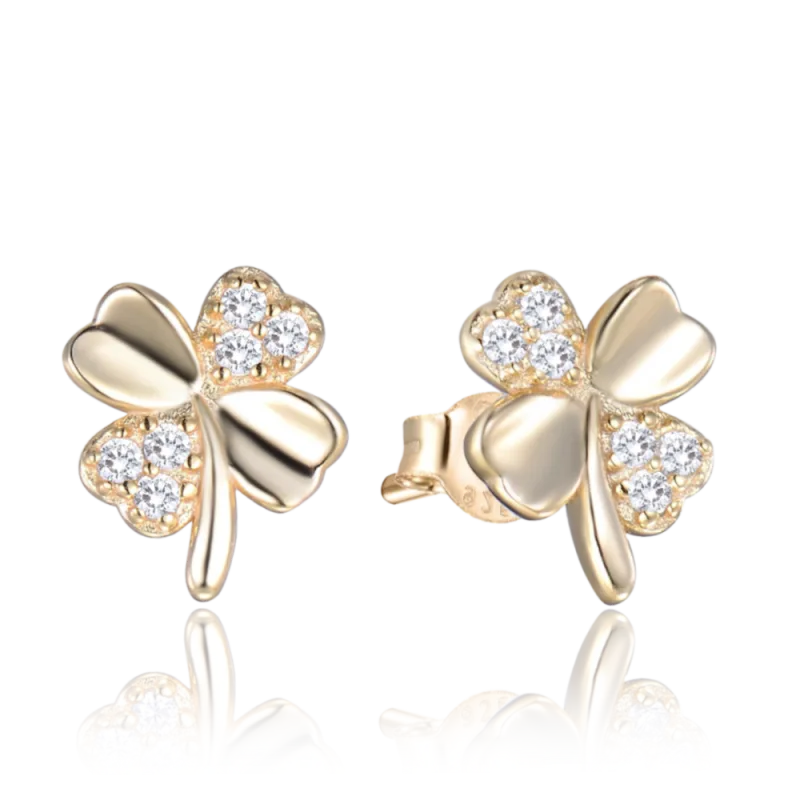 MINET Pozlacené stříbrné náušnice ČTYŘLÍSTKY s bílými zirkony