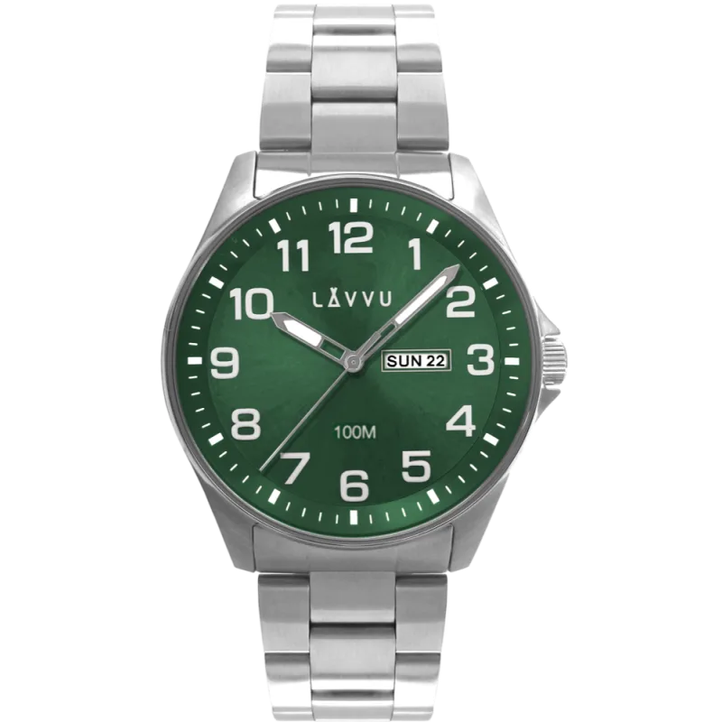 LAVVU Ocelové pánské hodinky BERGEN Green se svítícími čísly LWM0146 zelený čísellník