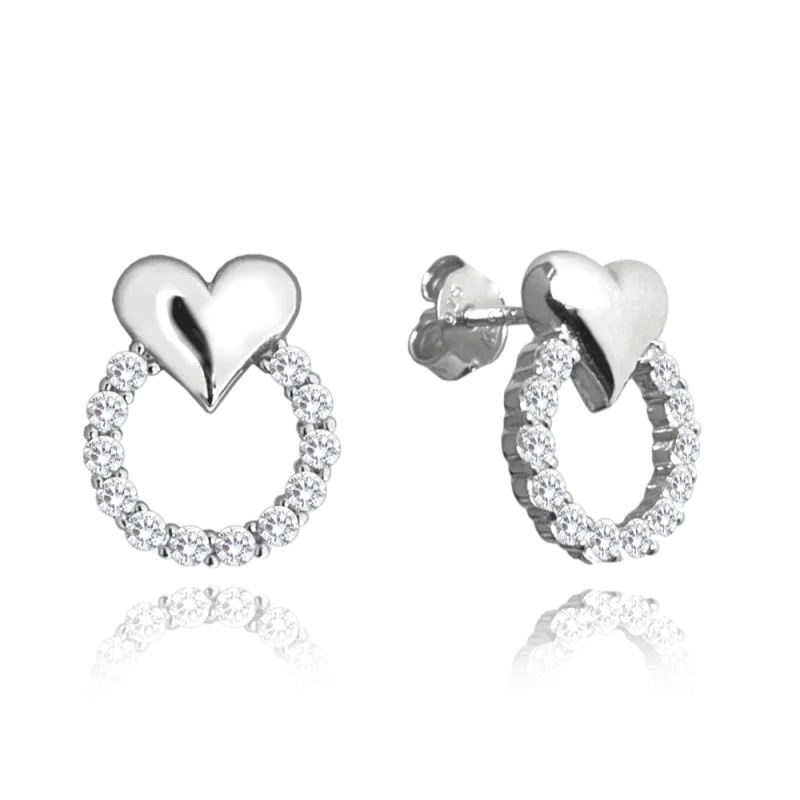 MINET Stříbrné náušnice se srdíčky LOVE s bílými zirkony