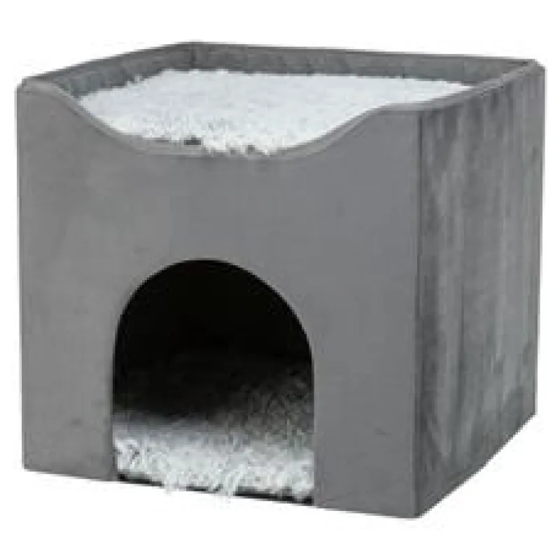 Kukaň HARVEY sametová se střešním lůžkem, 38 x 38 x 38 cm, šedá/bíločerná 1 ks šedá/bíločerná