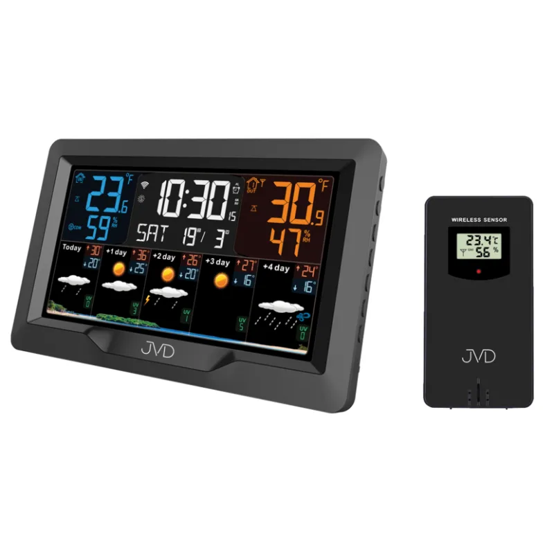 JVD Černá barevná rádiem řízená meteorologická stanice s budíkem JVD RB3390.1