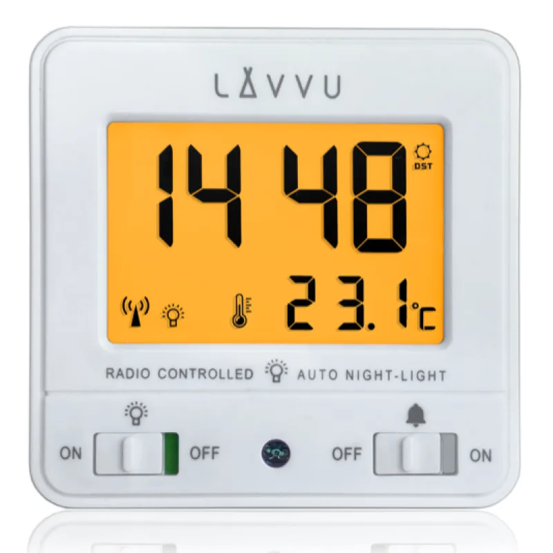 LAVVU Digitální bílý budík řízený rádiovým signálem NORDLYS bílý se světelným senzorem LAR0040