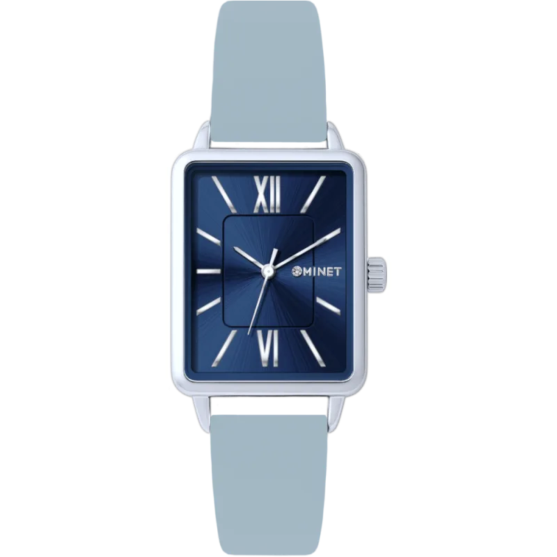 MINET Stříbrno-modré dámské hodinky SIENA s šedým koženým řemínkem MWL5407