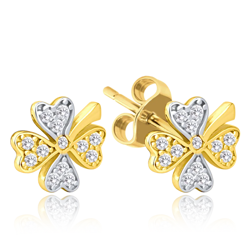 MINET Zlaté náušnice čtyřlístky s bílými zirkony Au 585/1000 1,70g JMG0078WGE01