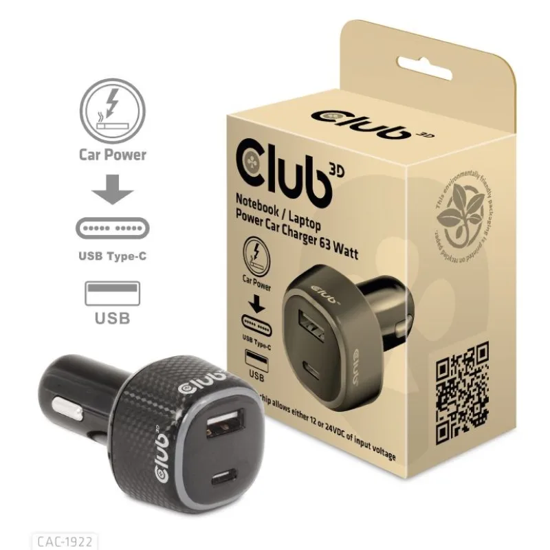 Club3D Auto nabíječka pro Notebooky 63W, 2 porty (USB-A + USB-C) CAC-1922