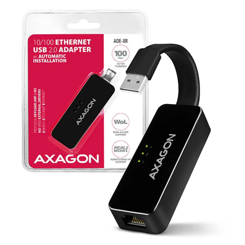 AXAGON ADE-XR, USB 2.0 - Fast Ethernet sieťová karta, auto inštal, čierna…