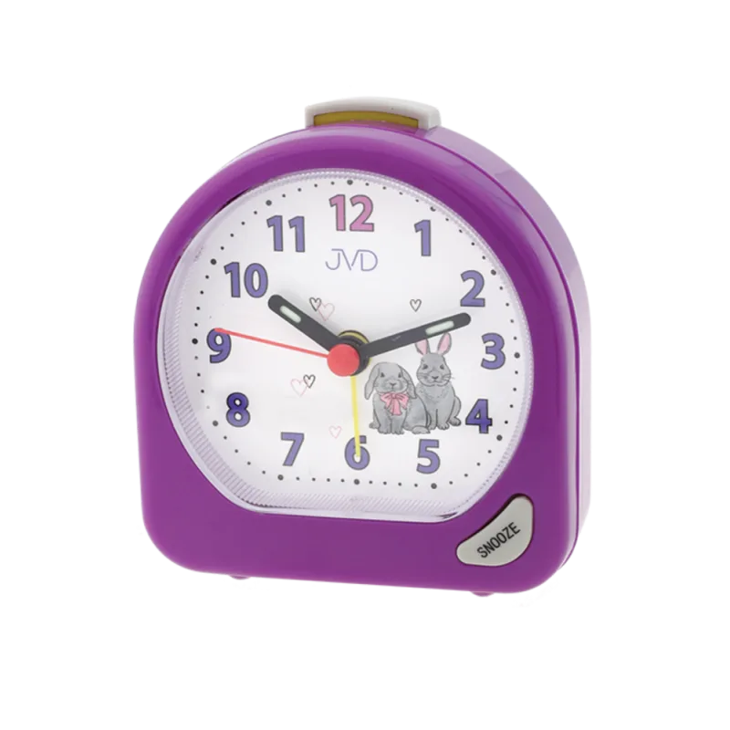 JVD Dětský fialový ručkový budík JVD SR672.2 s králíčkama a srdíčkama