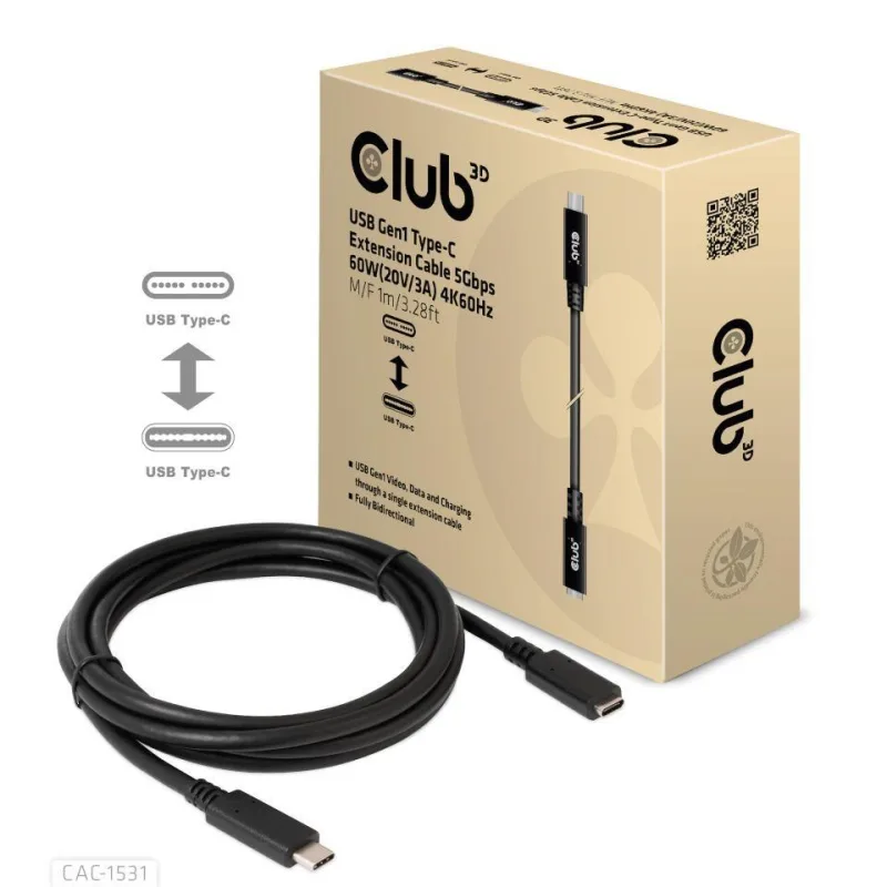 Club3D USB-C predlžovací kábel, 5Gbps, 60W(20V/ 3A), 4K60Hz (M/ F), …
