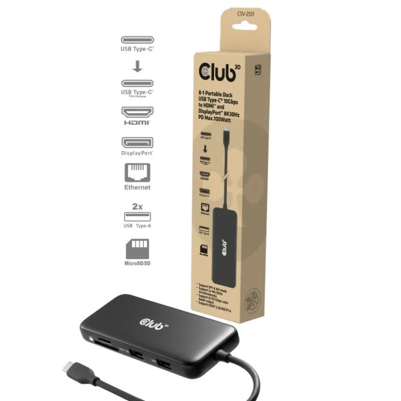 Club3D Dokovací stanice USB-C 8v1, 1xHDMI, 1xDP, 1xUSB-C, 2xUSB, …