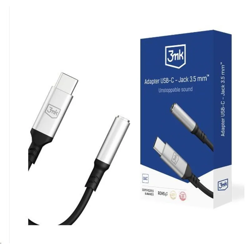 3mk adaptér USB-C/ Jack 3, 5mm (samice) 0, 15m, černo-stříbrná…