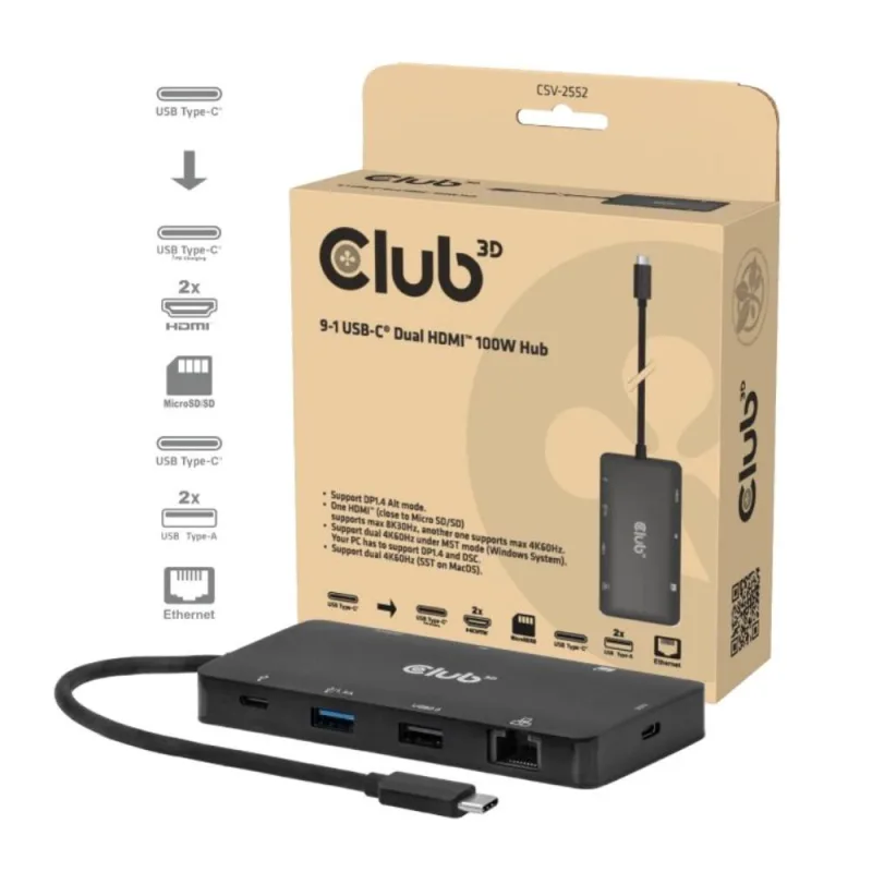 Club3D Dokovací stanice USB-C 9v1, 2xHDMI, 1xUSB-C, 1xUSB-C PD, 2xUSB…