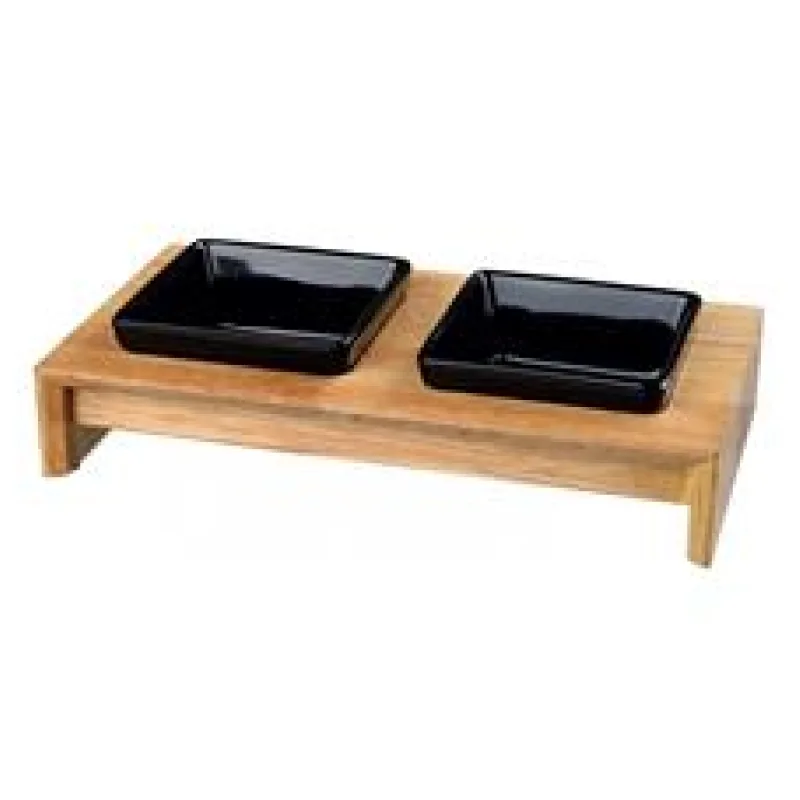 Dřevěný bar, 2x keramická čtyřhranná miska, á 0,4 l / 13 x 13 cm, černá 1 set