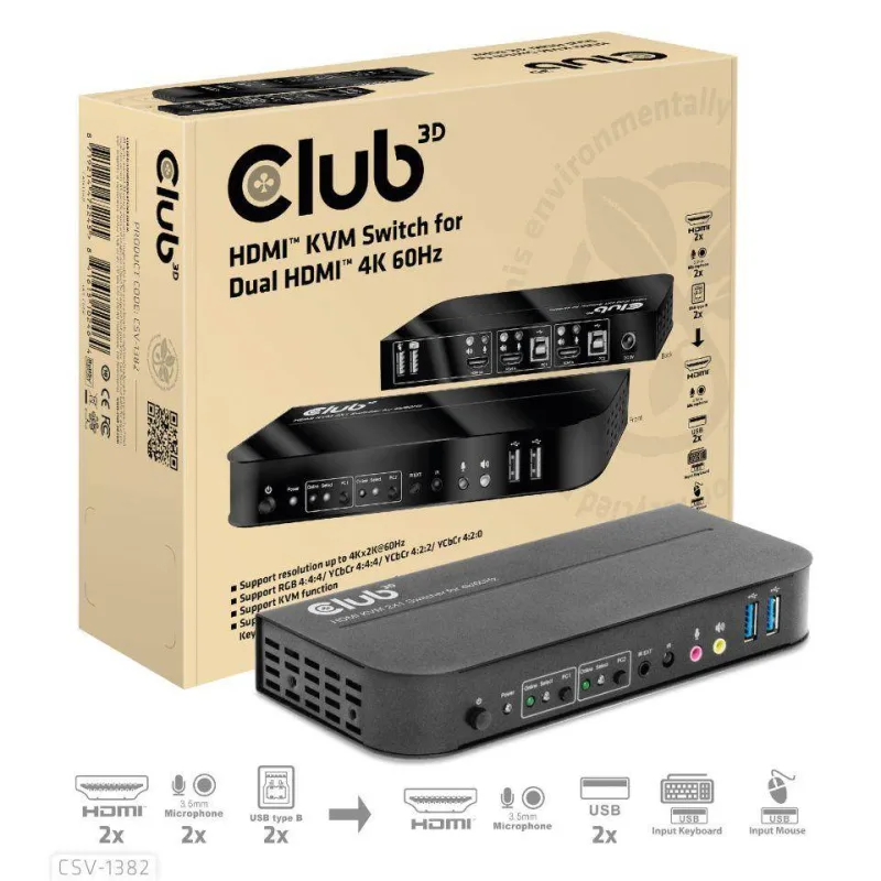 Sieťový prepínač Club3D - Prepínač, HDMI KVM prepínač - Dual HDMI 4K…