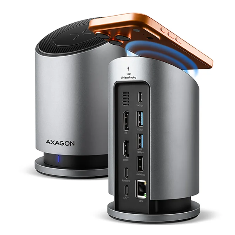 AXAGON HMC-WL9, USB 10Gbps hub s Qi, 3x USB-A, USB-C, HDMI a DP 4k/ 60Hz,…