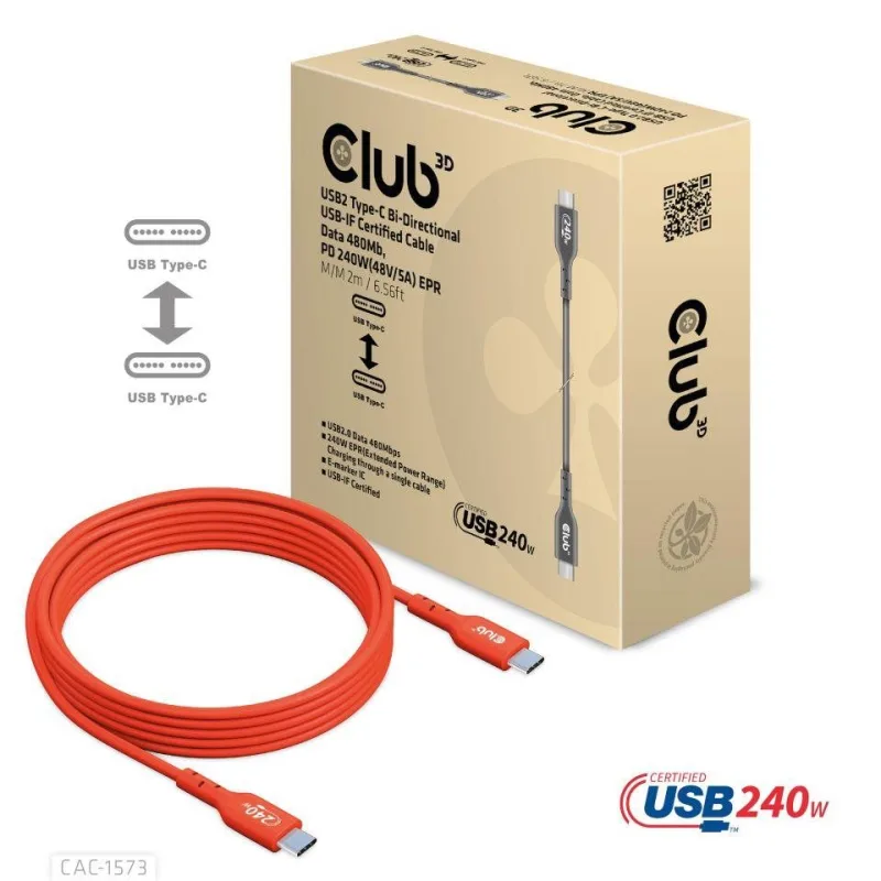 Club3D kabel USB-C, Oboustranný USB-IF Certifikovaný data kabel, Data…