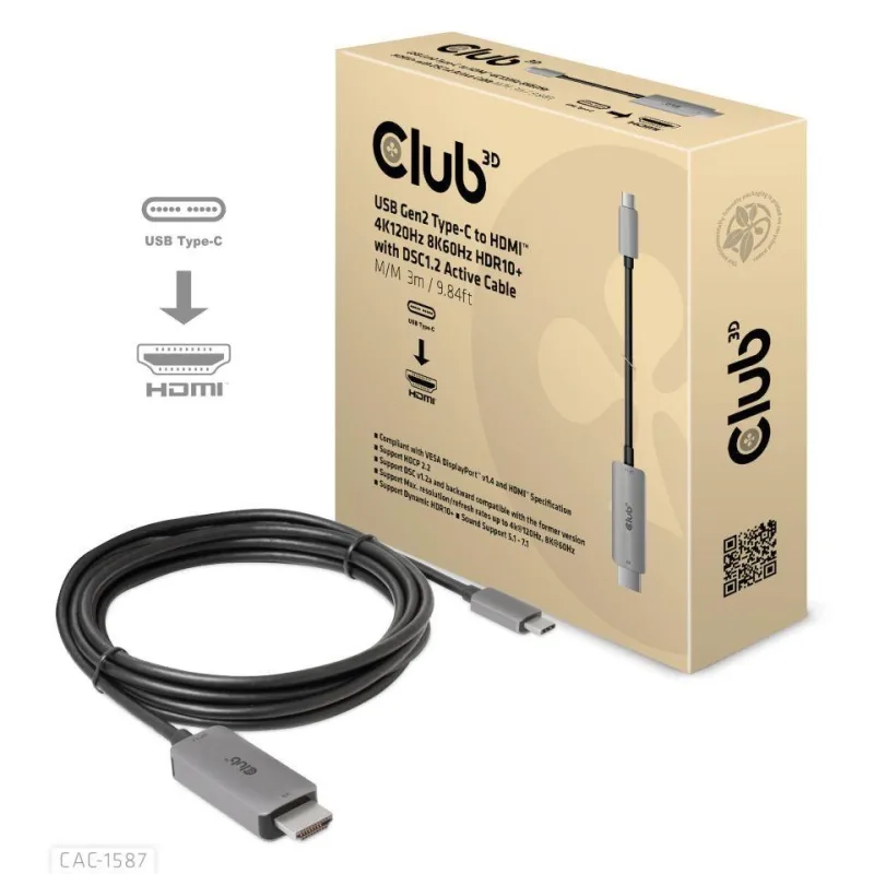 Club3D kabel USB-C na HDMI, 4K120Hz 8K60Hz HDR10 s DSC1.2, Aktivní…