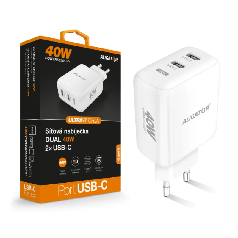 Múdra sieťová nabíjačka ALIGATOR Power Delivery 40W, 2xUSB-C, biela…