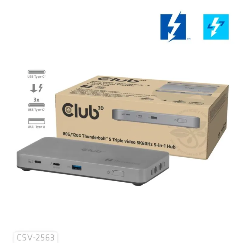 Club3D hub Thunderbolt 5 5v1, 3x USB-C TB5, 1x USB-A, 1x8K60Hz, 3x…