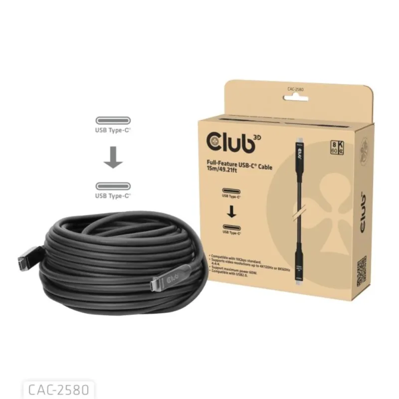 Club3D Kabel USB-C, 10 Gbps, 4K120Hz, 8K60Hz, 60W, Bi-directional, …