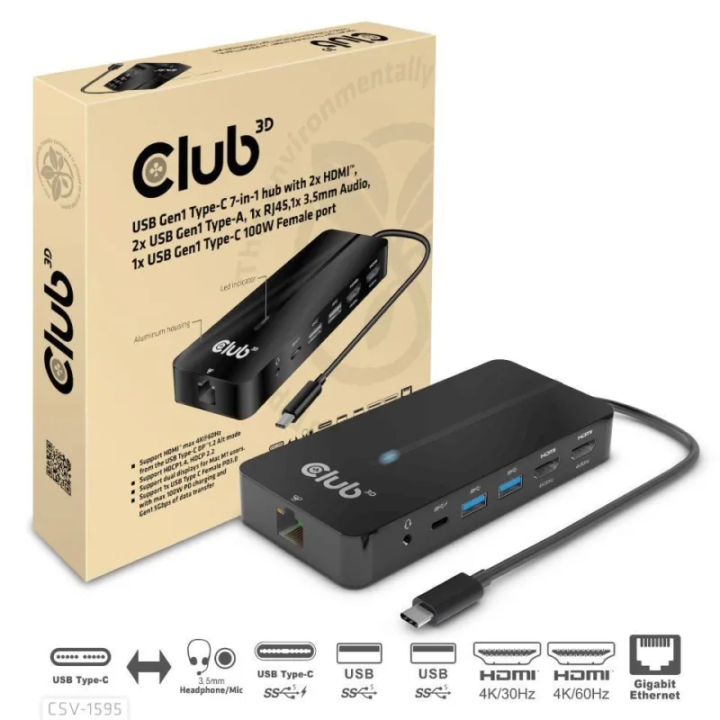 Club3D hub USB-C, 7-in-1 hub s 2x HDMI, 2x USB Gen1 Type-A, 1x RJ45, …