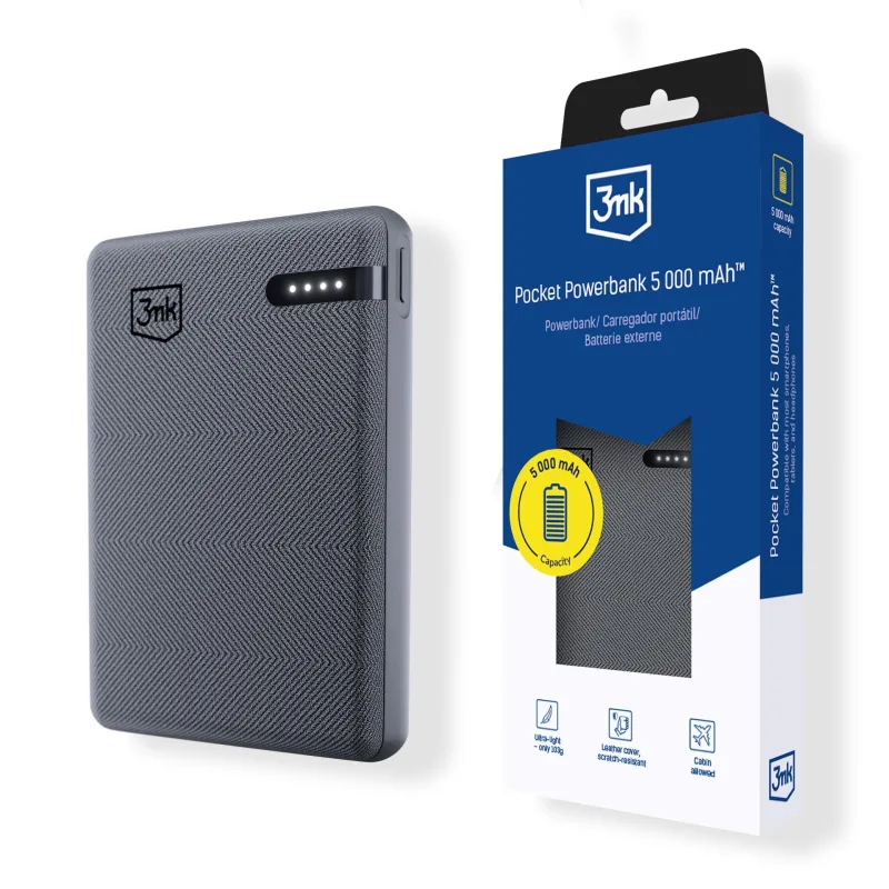 3mk Pocket Powerbank 5, 000mAh 12W USB 1C Grey pro Universal 5903108605410