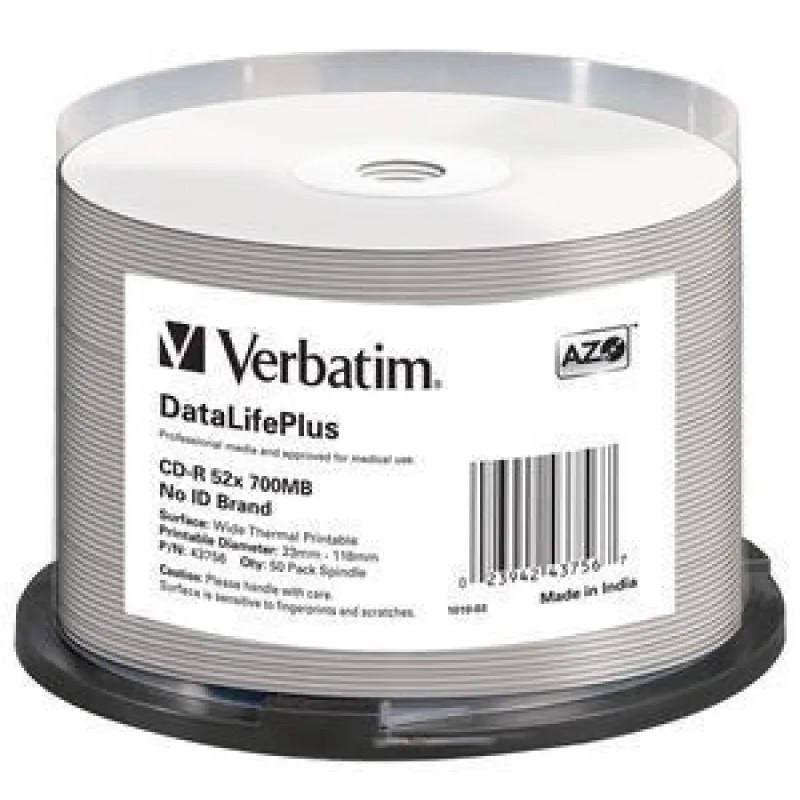 VERBATIM CD-R(50-pack) spindl, AZO 52X, 700MB, WHITE WIDE THERMAL…
