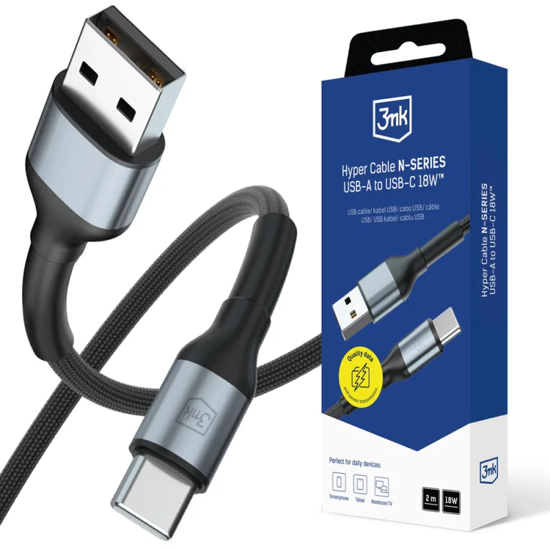 3mk Hyper kábel N-SERIES USB-A / USB-C 2m 9V/2A 18W / čierny