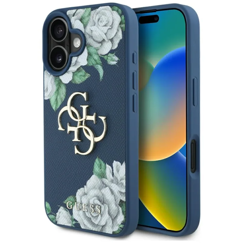 Puzdro s logom Guess Grained Roses Big 4G pre iPhone 16 - modré