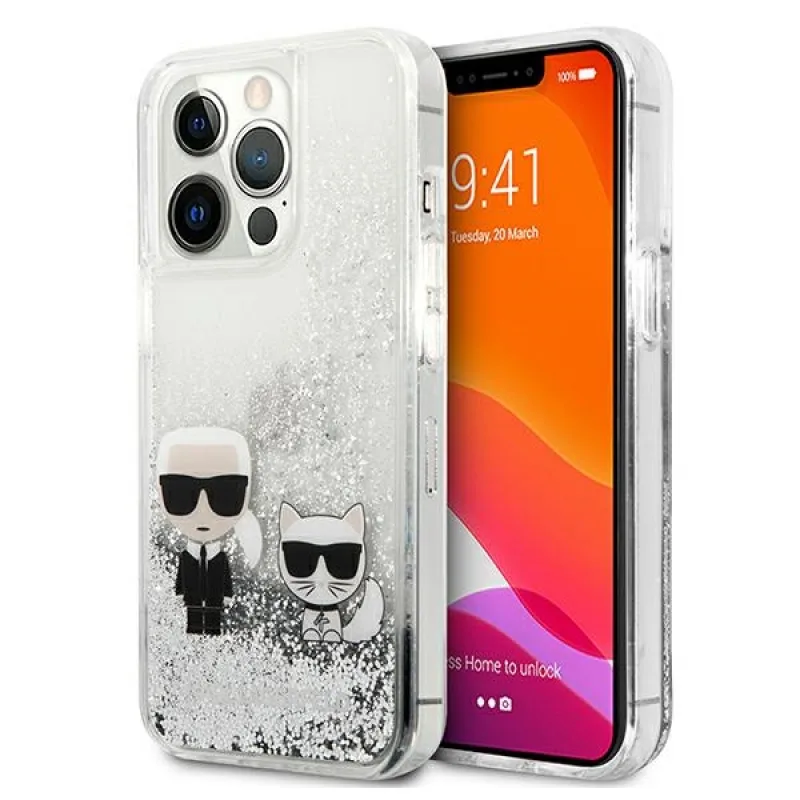Karl Lagerfeld Liquid Glitter puzdro Karl&Choupette pre iPhone 13 Pro / 13 6,1" - strieborné