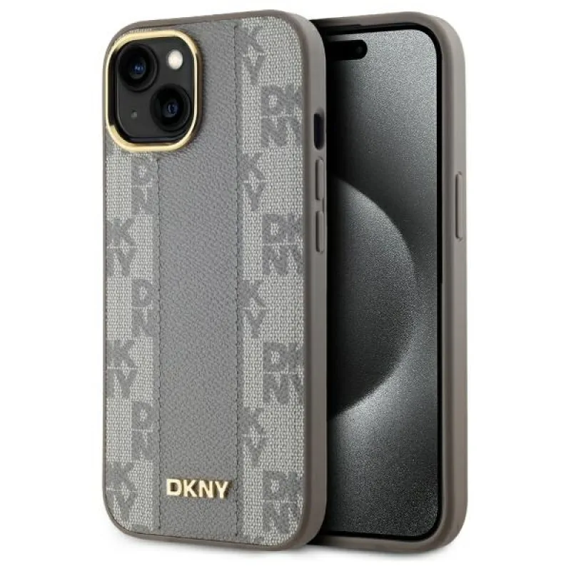 Kožené puzdro DKNY s kockovaným mono vzorom MagSafe iPhone 15 Plus – béžové