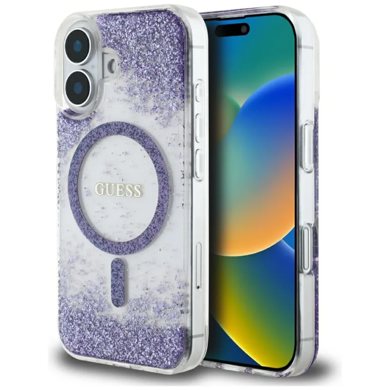 Guess HC Resin Bottom Glitter MagSafe puzdro pre iPhone 16 - fialové