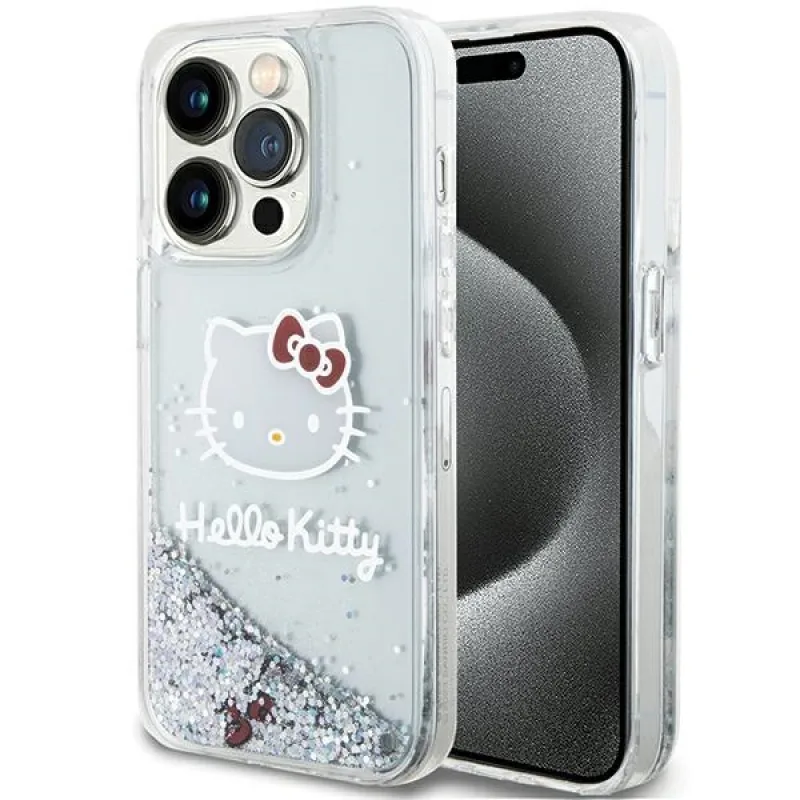 Puzdro Hello Kitty Liquid Glitter Charms Kitty Head pre iPhone 13 Pro Max - strieborné