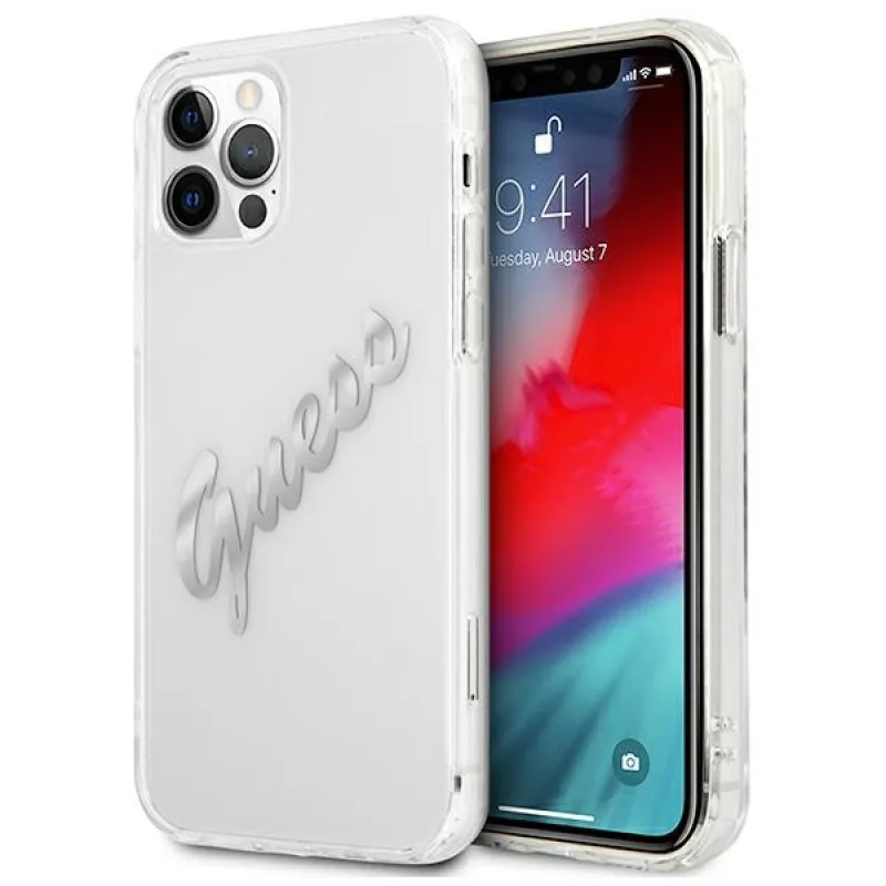 Guess GUHCP12MKTRSVSI iPhone 12/12 Pro 6,1" priehľadné pevné puzdro Vintage Script Silver
