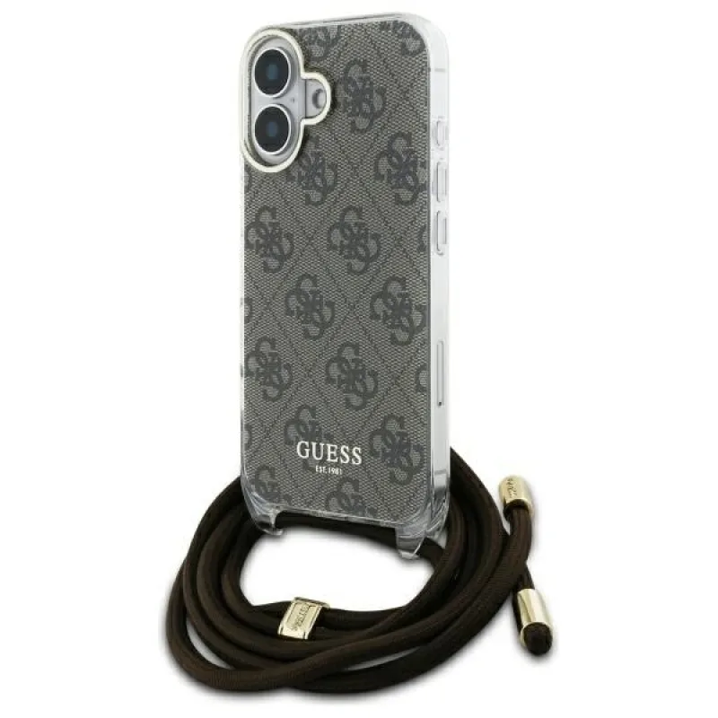 Puzdro Guess Crossbody Cord 4G Print Case so šnúrkou na iPhone 16 - hnedé