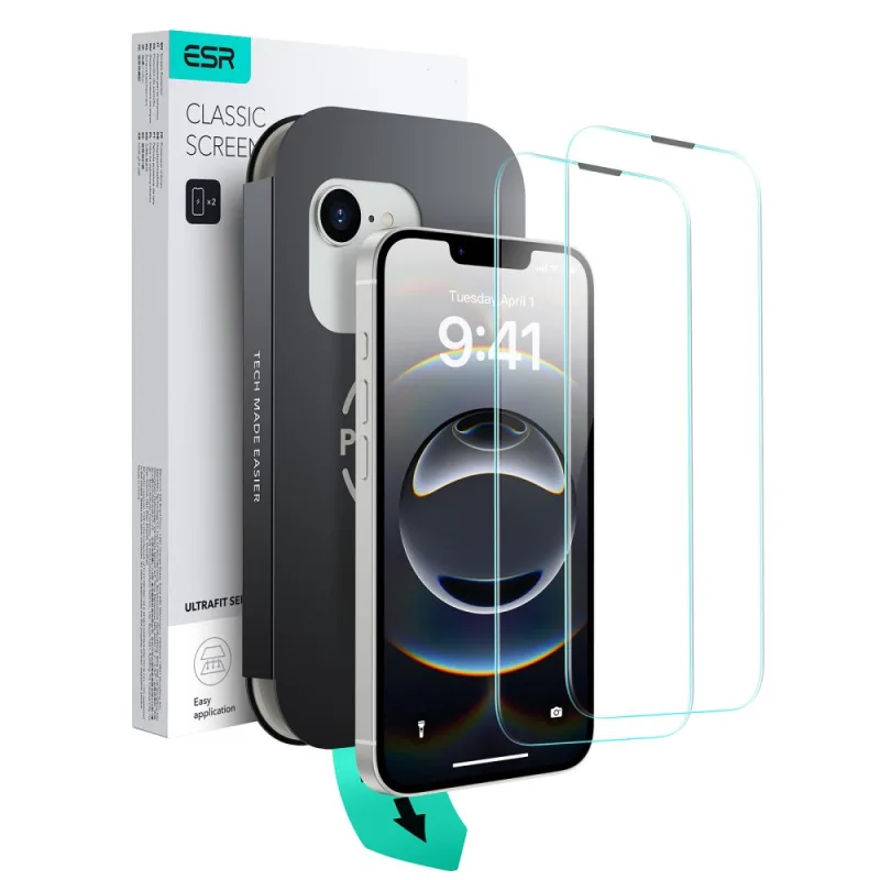 ESR UltraFit tvrdené sklo, 2-balenie, puzdro pre iPhone 13 / 13 Pro / 14 / 16e