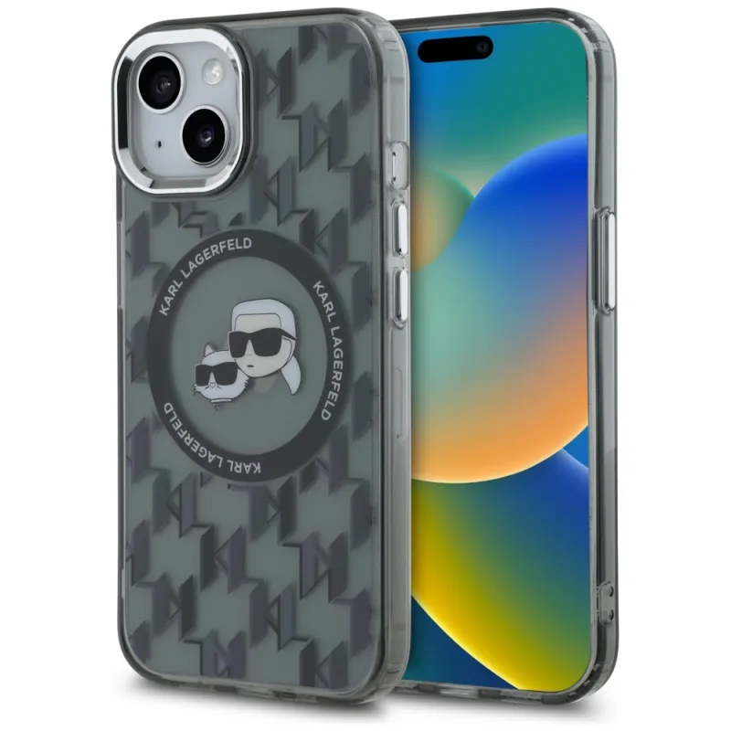 Karl Lagerfeld IML Monogram Karl & Choupette Head MagSafe iPhone 15 Plus puzdro – čierne