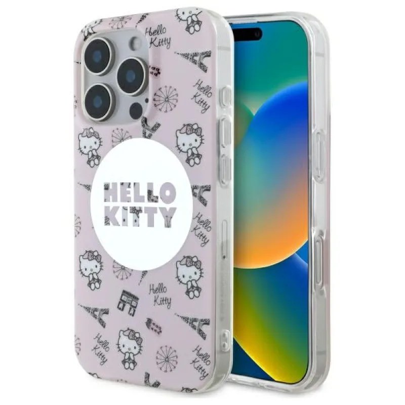 Puzdro Hello Kitty IML All Over Paris Magsafe iPhone 16 Pro – ružové