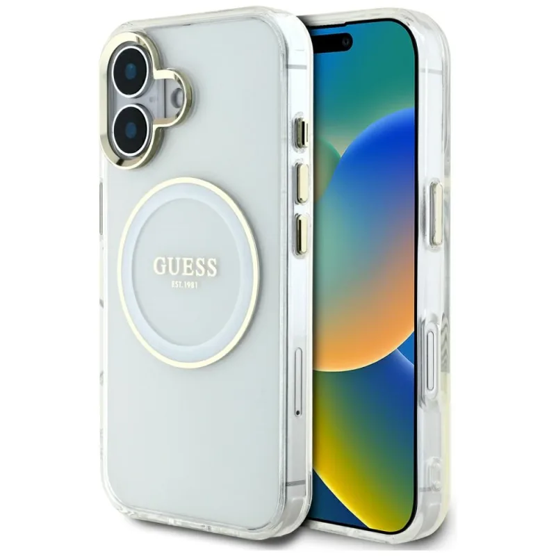 Guess IML Metal Colored Circle Classic Logo MagSafe puzdro pre iPhone 16 - biele
