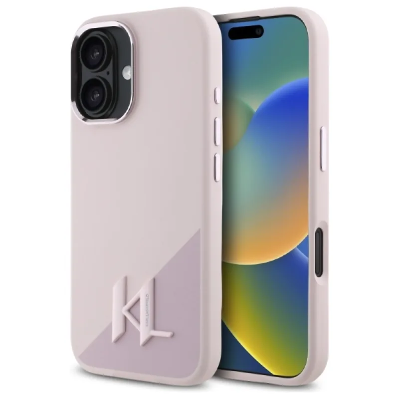 Karl Lagerfeld silikónový tieňový kov Initial MagSafe iPhone 16 Case – ružový