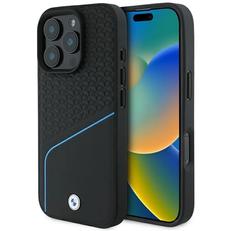 BMW Signature Leather Textured & Line MagSafe iPhone 16 Pro Case – Black