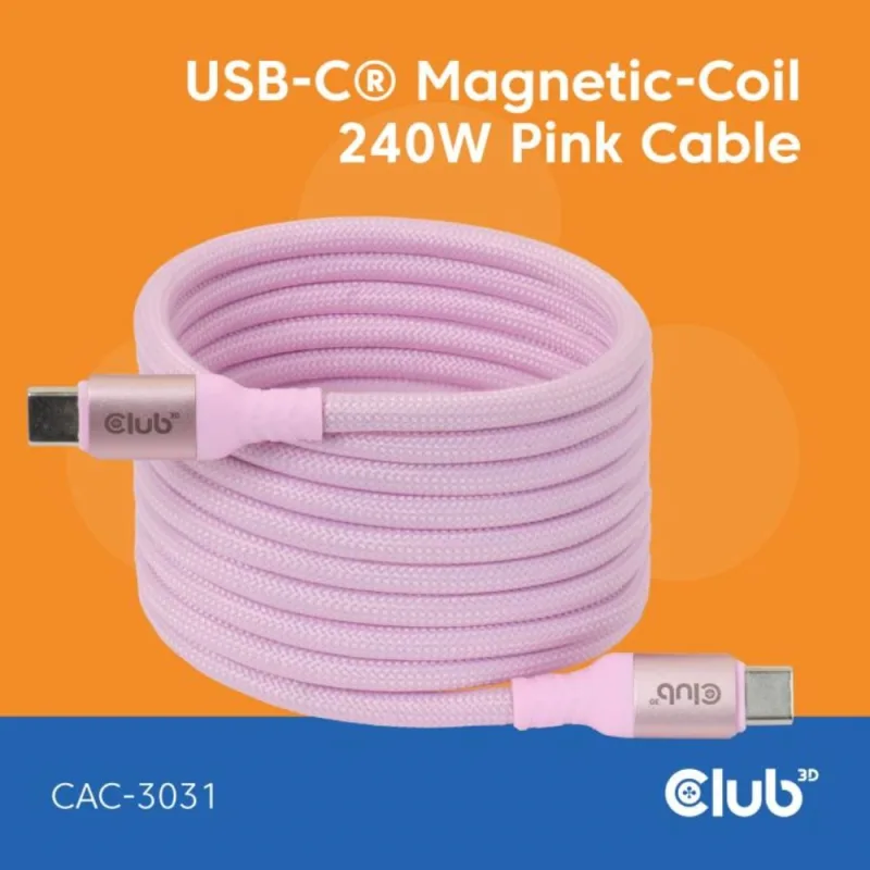 Club3D Kabel magnetický USB-C, 240W PD3.1, 480 Mbps, 2m, růžová CAC…