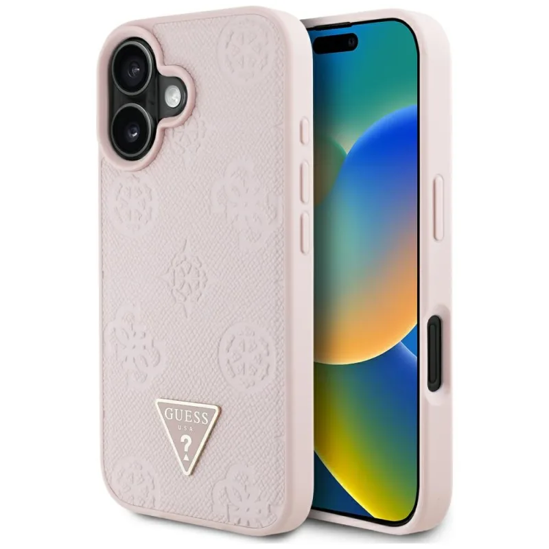 Guess Grained Hot Stamp Pivoňka s logom trojuholníka Puzdro MagSafe iPhone 16 – ružové