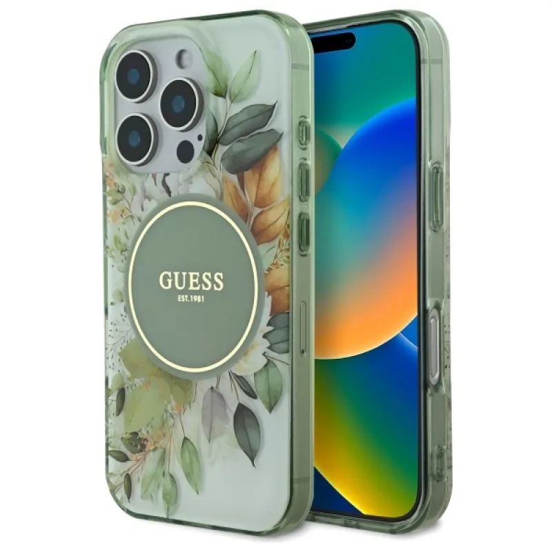 Puzdro Guess IML Flower & Tonal Circle MagSafe pre iPhone 16 Pro - zelené