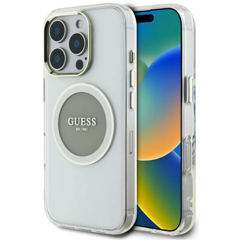 Puzdro Guess IML Metal Colored Circle Classic Logo MagSafe pre iPhone 16 Pro - šedé