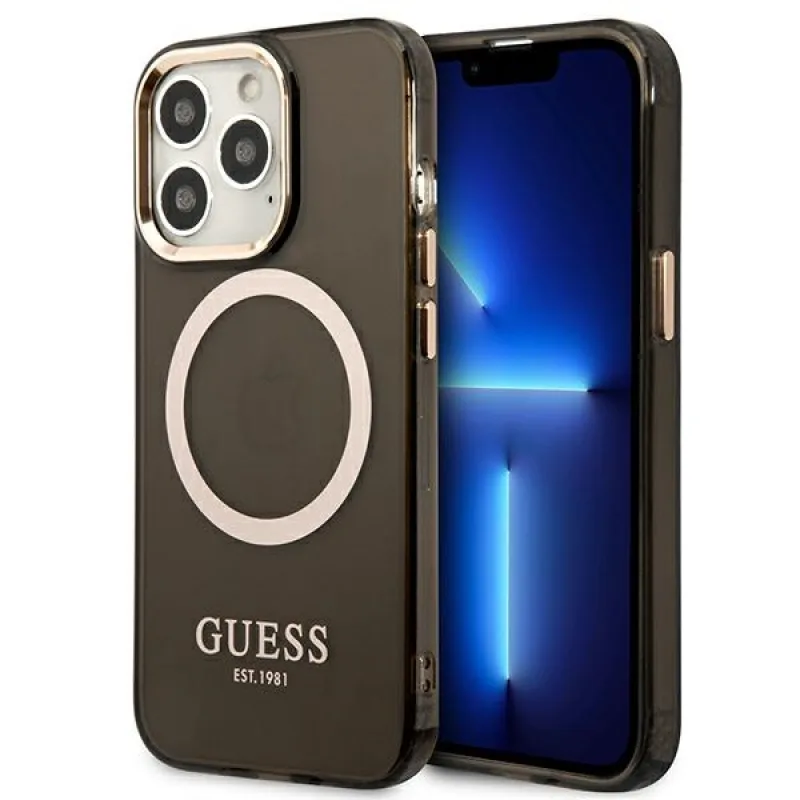 Guess Gold Outline Translucent MagSafe Case pre iPhone 13 Pro / iPhone 13 – čierny